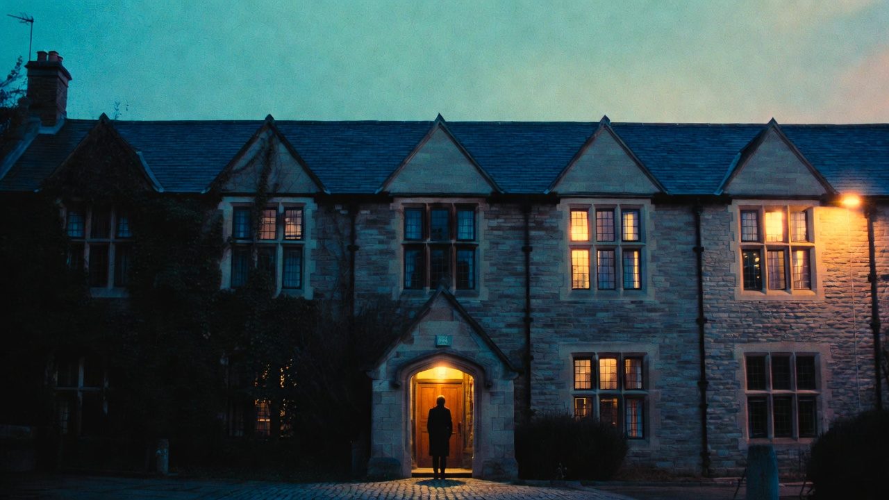 An independent boarding school at dusk with warm light in the windows